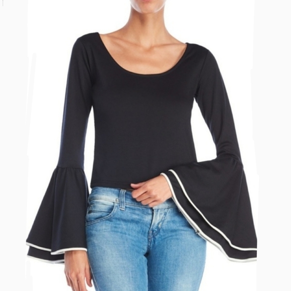 Ronny Kobo Top Cropped Flared Layered Bell Sleeve Knit Black White XS NWT - Picture 1 of 7